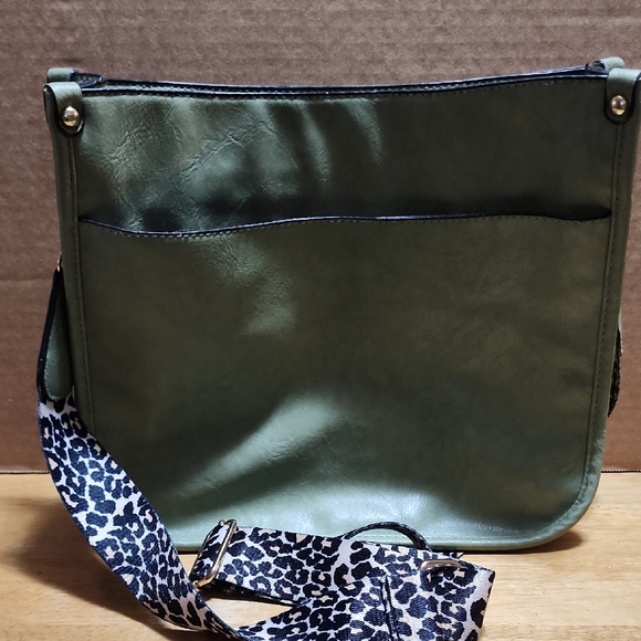 Olive Green Crossbody Shoulder Bag with Leopard Print Strap - Picture 2 of 4